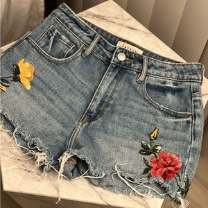 Floral embroidered denim shorts